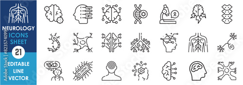 A set of line icons related to neurology. Brain, intelligence, nerves, nervous system, information, spine and so on. Vector outline icons set.