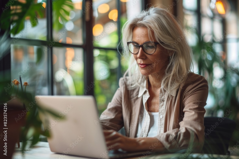 Senior elderly woman working on laptop in office Senior elderly woman working on laptop in office