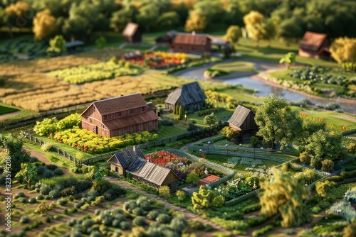 Aerial shot showcasing a traditional family farm with rustic barns, vast fields, and meandering streams, captured in vivid, high-resolution 3D CG detail