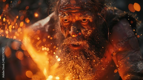 Depict the moment an ancient human accidentally creates fire by striking flint against steel, with surprise and awe on their face, Close up