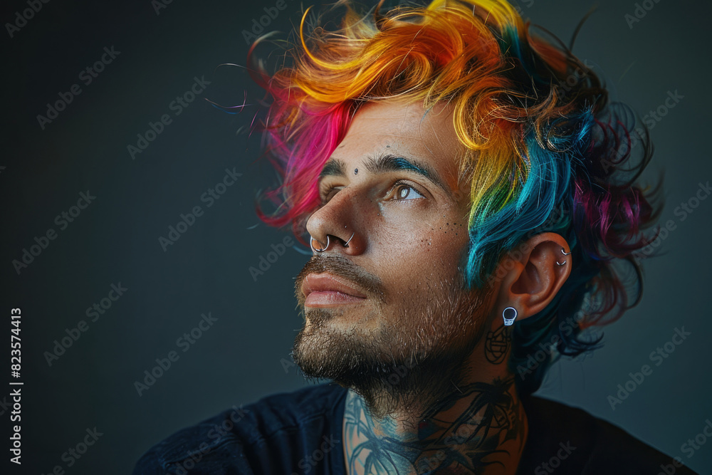 Young man with piercings and bright dyed hair Young man with piercings and bright dyed hair