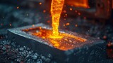 Depict the process of pouring molten bronze into a mold, capturing the heat and glow of the molten metal, Close up