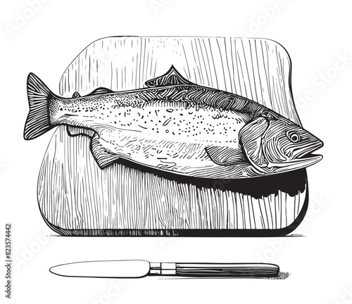 fish steak on cutting board hand drawing sketch