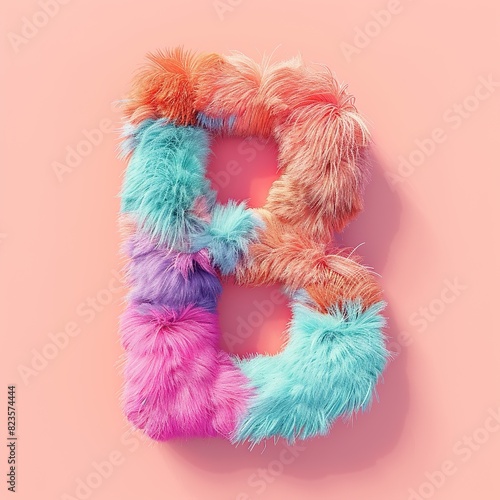 Typography design for  B  with fine fluffy plush texture in super lovely candy colors  natural lighting  and a light-colored background.