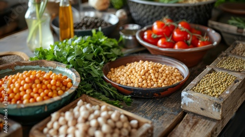 Depict the variety of ingredients used in Harira  such as lentils  chickpeas  tomatoes  and fresh herbs  arranged on a rustic kitchen counter  Close up