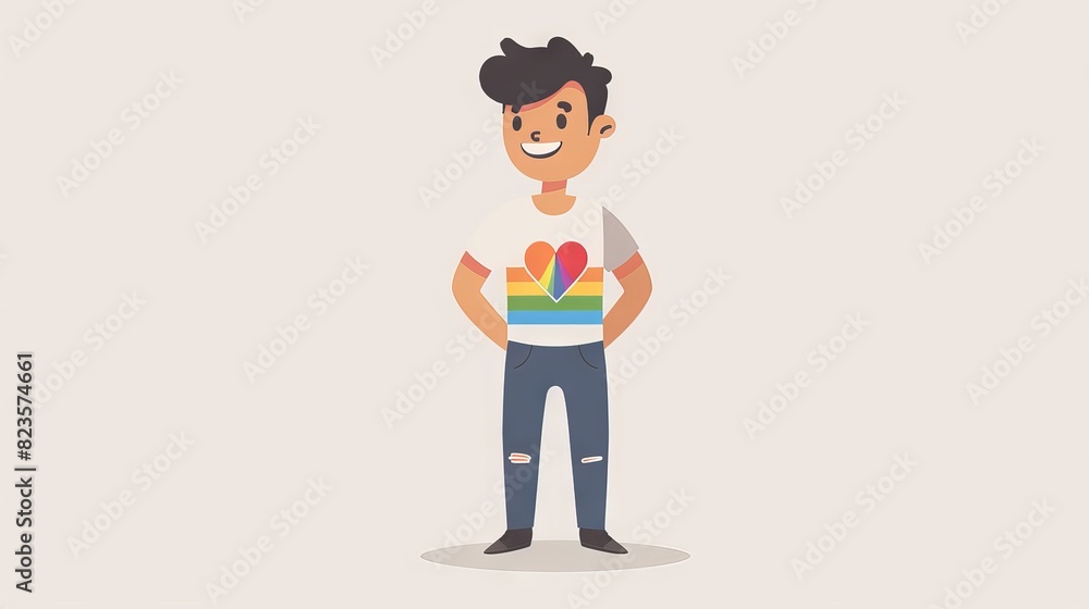 An illustration of a 2D flat style character showing allyship, wearing a T-shirt with a rainbow heart. The character is smiling and standing in front of a plain background, conveying a message of