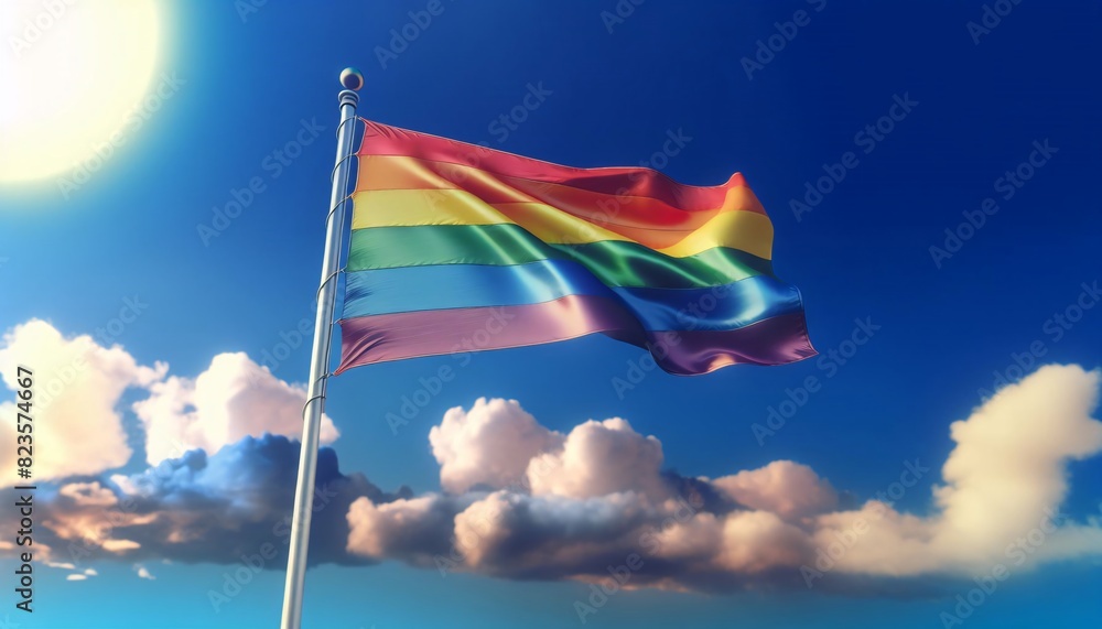 Wehende Regenbogenfahne mit blauem Himmel Wehende Regenbogenfahne mit blauem Himmel