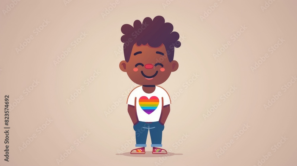 An illustration of a 2D flat style character showing allyship, wearing a T-shirt with a rainbow heart. The character is smiling and standing in front of a plain background, conveying a message of An illustration of a 2D flat style character showing allyship, wearing a T-shirt with a rainbow heart. The character is smiling and standing in front of a plain background, conveying a message of