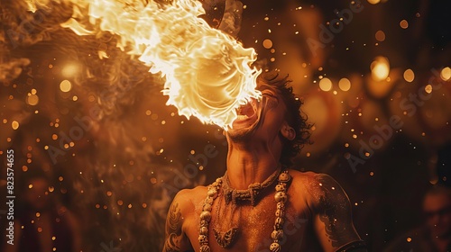 Describe a captivating fireeater performing, with flames dancing around them as they amaze the audience, Close up