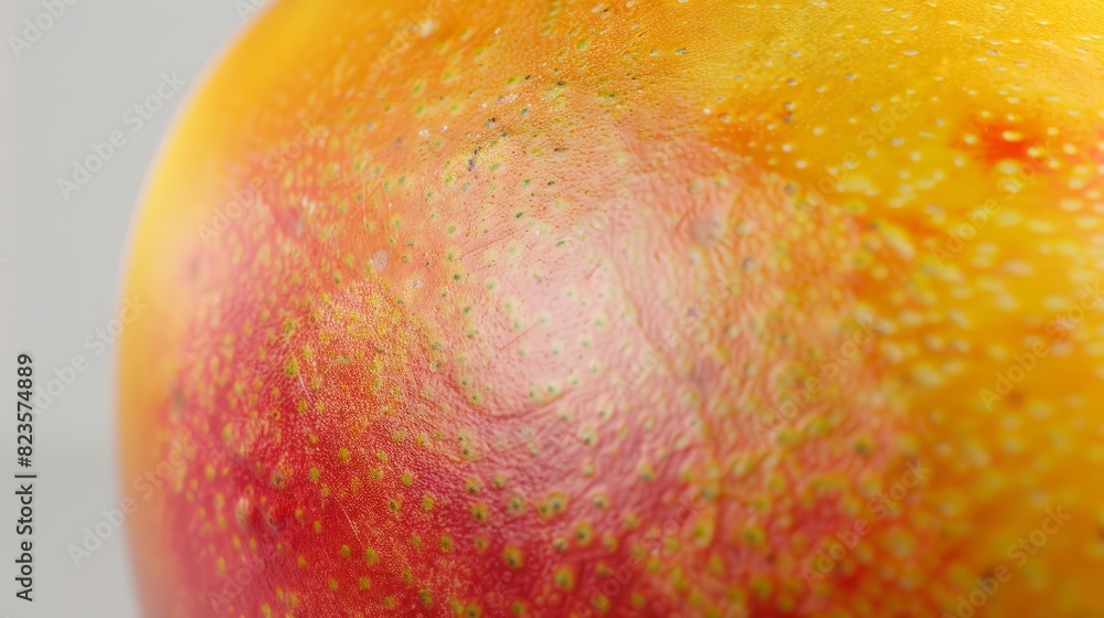 Detailed close-up of a juicy ripe mango, glowing golden-yellow with red patches, capturing its smooth and slightly dimpled surface, white isolated background, high-definition photography Detailed close-up of a juicy ripe mango, glowing golden-yellow with red patches, capturing its smooth and slightly dimpled surface, white isolated background, high-definition photography