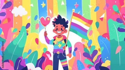 Wallpaper Mural A 2D flat style character at a pride festival, wearing a rainbow-themed outfit and holding a pride flag. The character is positioned in the center with a minimalist backdrop to focus on the festive Torontodigital.ca