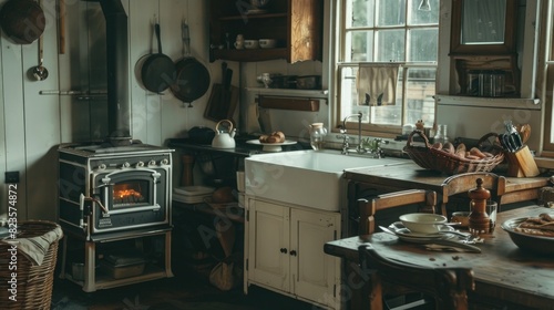 A rustic farmhouse kitchen with a farmhouse sink, a wood-burning stove, and a table set for a meal.