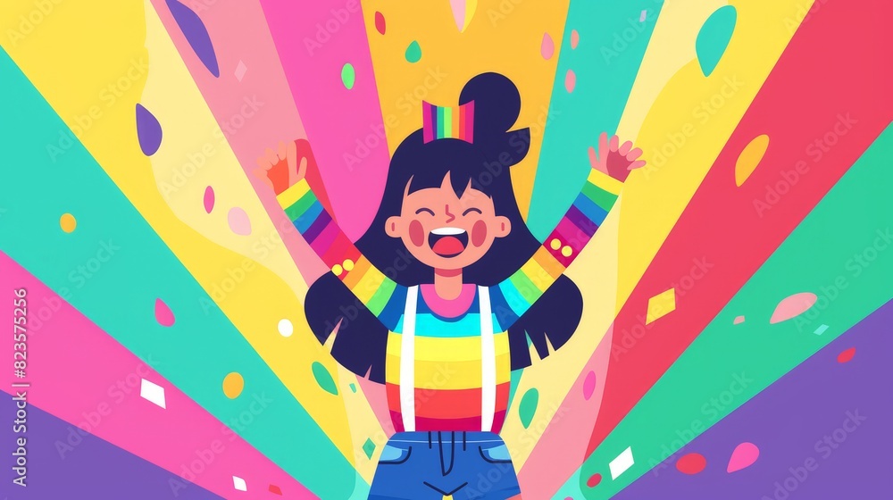 An illustration of a 2D flat style character celebrating queer pride, with a rainbow-themed outfit and a pride flag. The background is minimalistic, focusing on the character's joyful expression. An illustration of a 2D flat style character celebrating queer pride, with a rainbow-themed outfit and a pride flag. The background is minimalistic, focusing on the character's joyful expression.