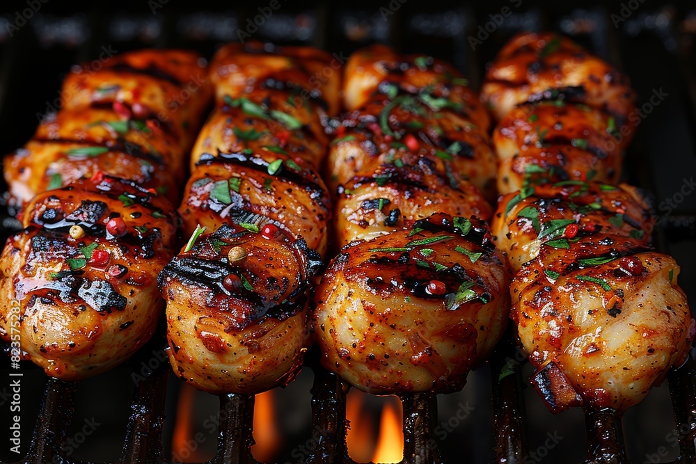Grilled Chicken Skewers Cooking on a Grill Grilled Chicken Skewers Cooking on a Grill