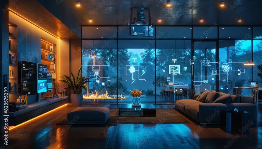Smart home with glowing digital interface Smart home with glowing digital interface