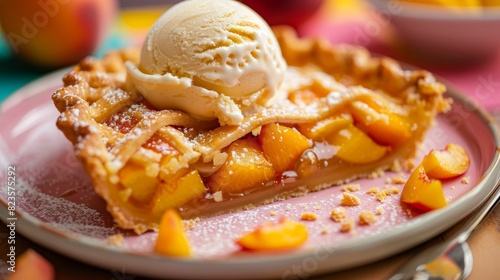 Close up, juicy peach pie slice with melting vanilla ice cream scoop, lively festival scene