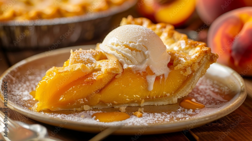 Close up, golden peach pie slice with a melting vanilla ice cream scoop, festive outdoor celebration Close up, golden peach pie slice with a melting vanilla ice cream scoop, festive outdoor celebration