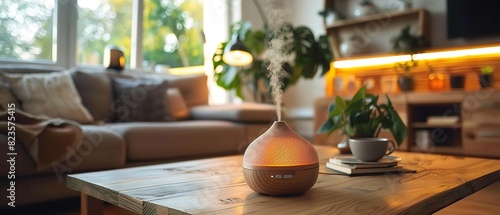 A close shot of a digital humidifier kept on on tea table in living room with a blurry backdrop of couch and sofa with a beautiful interior, Generative AI. © Noobs