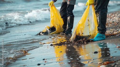 Volunteers cleaning the beach. Tidying up rubbish on beach. Oil stains on the beach. Oil leak to the sea with copy space for text placement