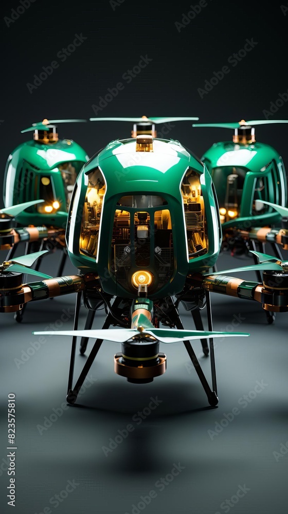 Fototapeta premium Futuristic drones with sleek green design and advanced technology on display in a dark studio setting, showcasing modern innovation.