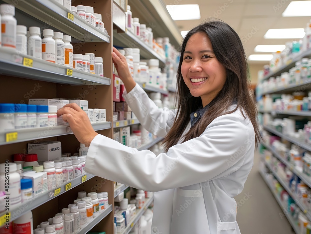 A cheerful pharmacist in a white coat arranges medication bottles on shelves in a well-lit pharmacy.