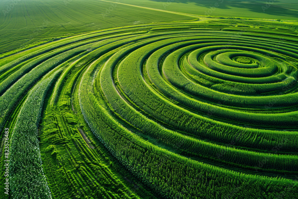 Aerial view of circular crop patterns created by center-pivot irrigation systems. Highlight the repetitive geometric shapes and the contrast between the green crops and the surrounding landscape. Aerial view of circular crop patterns created by center-pivot irrigation systems. Highlight the repetitive geometric shapes and the contrast between the green crops and the surrounding landscape.
