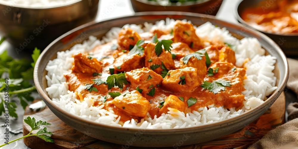 Chicken Tikka Masala with White Rice and Parsley. Concept Chicken Tikka Masala Recipe Chicken Tikka Masala with White Rice and Parsley. Concept Chicken Tikka Masala Recipe