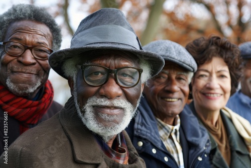 Portrait of senior African American couple in a park with friends.
