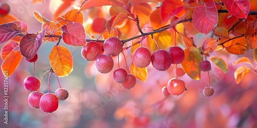 A close shot of colorful woodbine leaves and fruits hanging on tree with a blurry backdrop and a big space for text or product advertisement background, Generative AI. photo