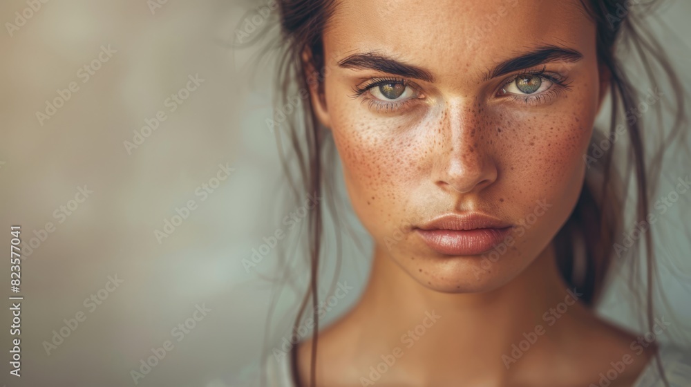 Naklejka premium Angry woman with blue eyes and freckles staring intensely, close-up.