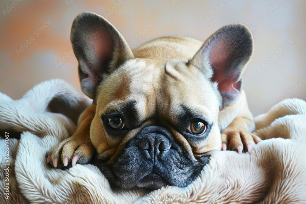 Portrait of a cute lying French bulldog. Cute french bulldog puppy lying down. Portrait of a cute lying French bulldog. Cute french bulldog puppy lying down.