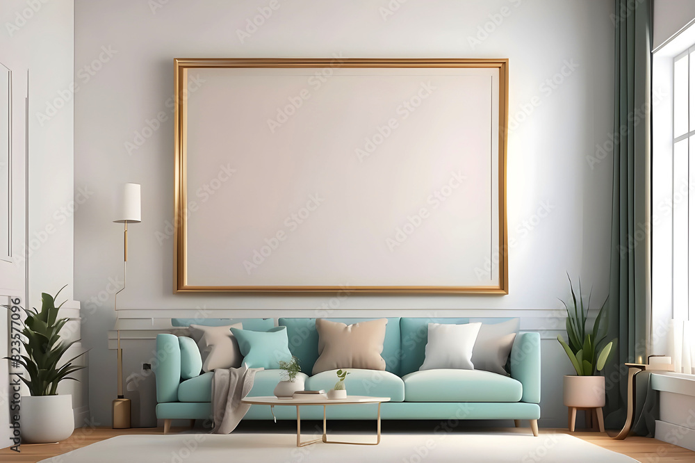 Mockup frame on the wall of living room. Luxurious apartment background with contemporary design. Modern interior design. 3D render Mockup frame on the wall of living room. Luxurious apartment background with contemporary design. Modern interior design. 3D render