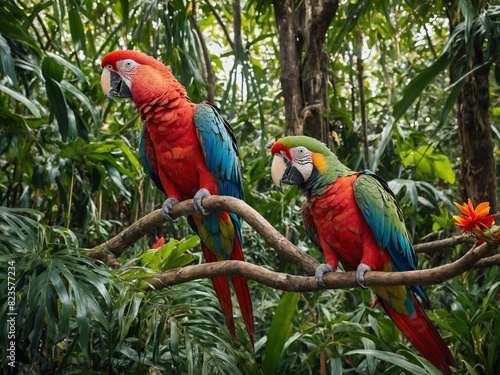 Two vibrant macaws perch on branch amidst lush green foliage. One on left gazes directly at camera with keen eye, while its companion turns slightly away, showcasing intricate feather patterns.