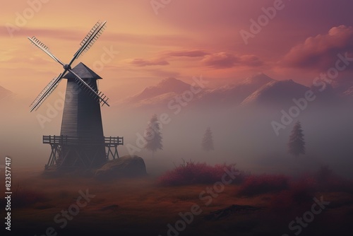 Tranquil rural landscape with vintage windmill at dusk, surrounded by misty mountains and a serene, ethereal twilight sky in shades of purple, pink, and orange