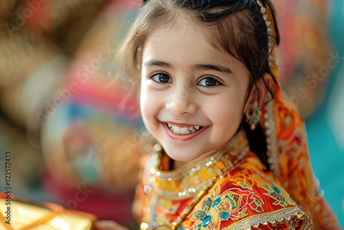 Close-up portrait of cultural beauty, Eid feast, Islamic celebration, Family feast.