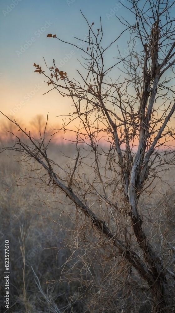 Barren tree with few lingering leaves stands in foreground against soft-hued sunrise, sunset. Sky, painted in pastel shades of blue, orange, yellow, suggests either beginning, end of day.