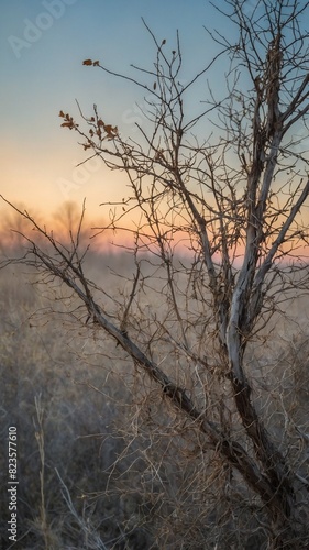 Barren tree with few lingering leaves stands in foreground against soft-hued sunrise  sunset. Sky  painted in pastel shades of blue  orange  yellow  suggests either beginning  end of day.