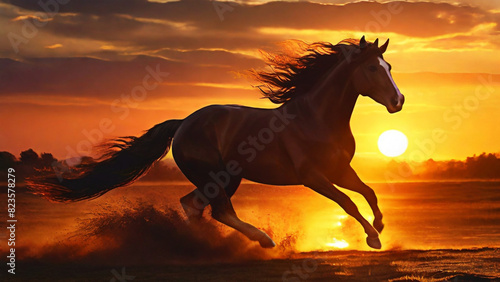 black horse running in the sunset  golden hour  