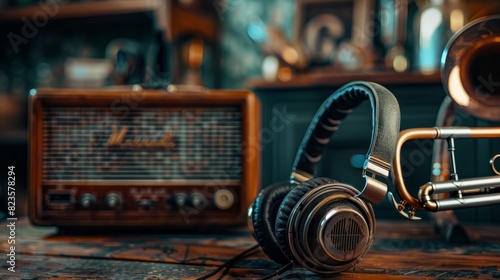 Close-up World Music Day banner with vintage headset headphones, a trumpet, and a retro radio, isolated background, studio lighting