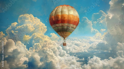 A brown and tan hot air balloon floating in a blue sky with white clouds. photo