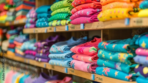 Neatly stacked colorful child s shirts on wooden shelves  close-up view with vibrant display  perfect for highlighting retail organization in ads