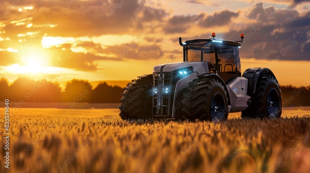 Obraz premium High-tech hydrogen fuel cell tractor operating in a field at sunset, close-up capturing the innovative design and beautiful sunset colors