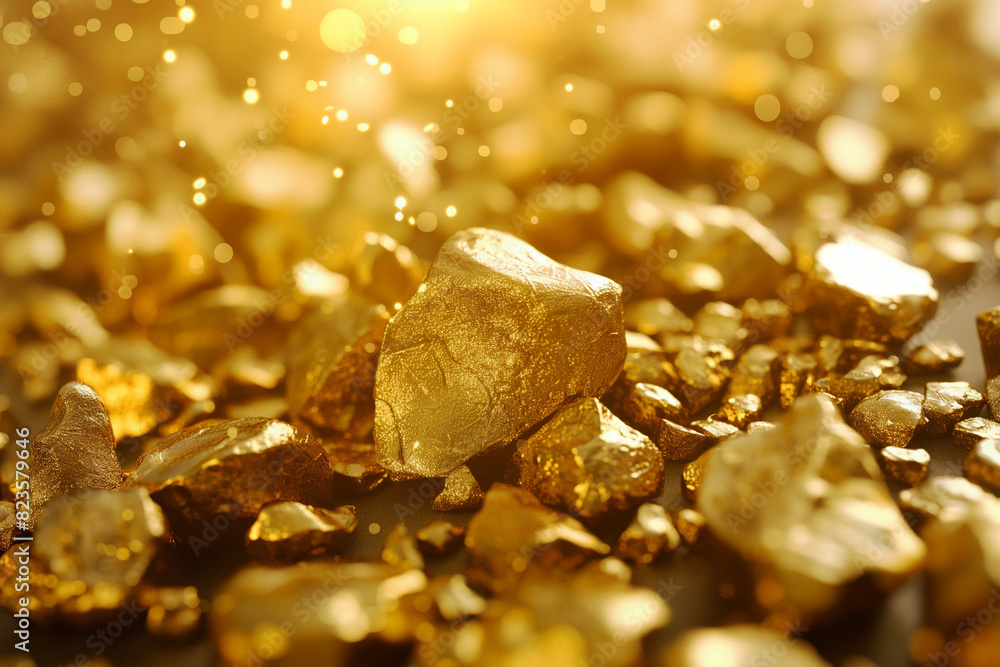 Golden nugget. Close-up of golden nuggets and fine glittering gold dust. Golden nugget. Close-up of golden nuggets and fine glittering gold dust.