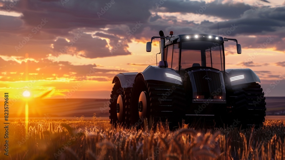 Fototapeta premium High-tech hydrogen fuel cell tractor operating in a field at sunset, close-up capturing the innovative design and beautiful sunset colors