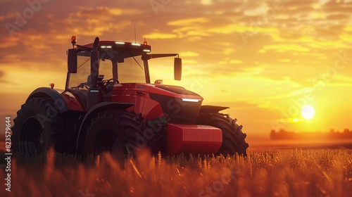 High-tech hydrogen fuel cell tractor operating in a field at sunset, close-up capturing the innovative design and beautiful sunset colors