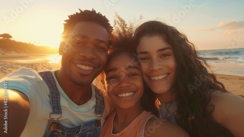 Portrait, family, and selfie at sunset beach, bonding and fun. Portrait of father, child, and mother at ocean in multiracial, summer vacation or travel profile. © LukaszDesign