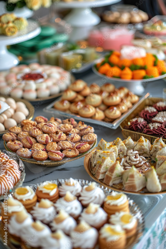 Delicate Eid Desserts Close-Up, Eid feast, Islamic celebration, Family feast.