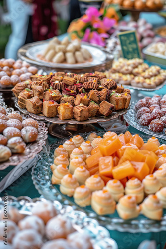 Delicious Eid Desserts Close-up, Eid feast, Islamic celebration, Family feast.