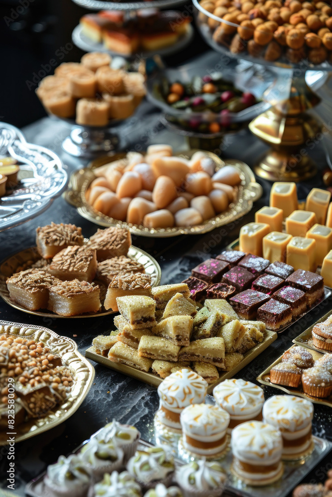 Close-Up of Eid Desserts, Eid feast, Islamic celebration, Family feast.