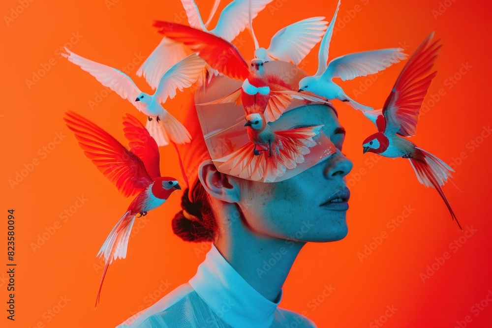 Fototapeta Woman with Birds Perched on her Head in Front of Orange Background with Flying Birds Around Her A Playful and Whimsical Portrait